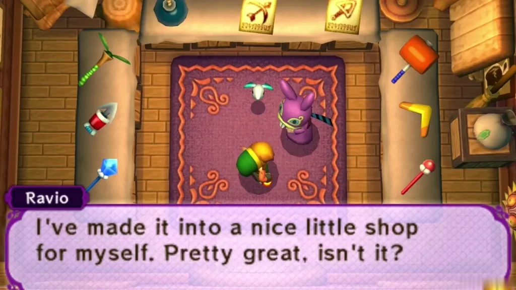 Ravio on the shop rug telling Link he has made the house into a nice little shop