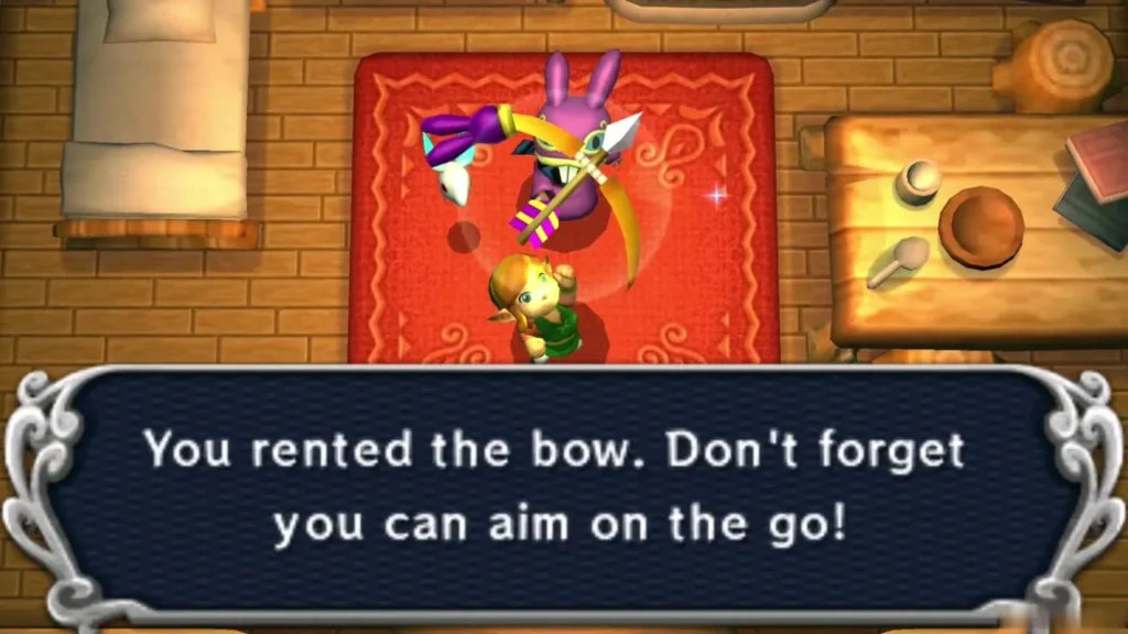 Link holding up the Bow in Ravio's shop beneath the box saying the bow is rented