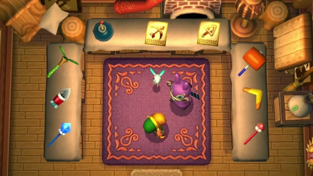 Overhead view of Ravio's shop room with its rug, item racks along the walls and rental signs