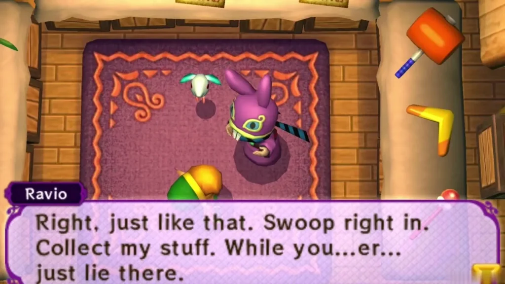 Sheerow hovering over the shop rug as Ravio tells it to swoop right in and collect his stuff