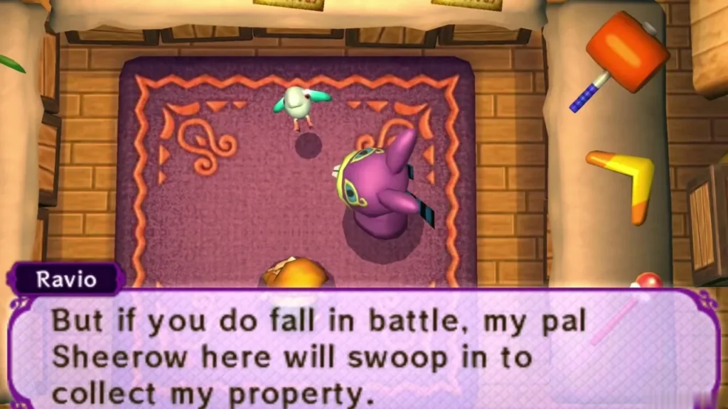 Ravio warning that his bird Sheerow will swoop in to collect his property if Link falls