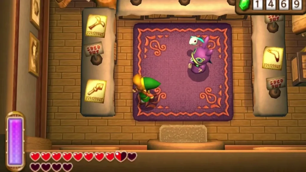 Ravio shop shelves with price tags and Sold Out signs on the bought boxes