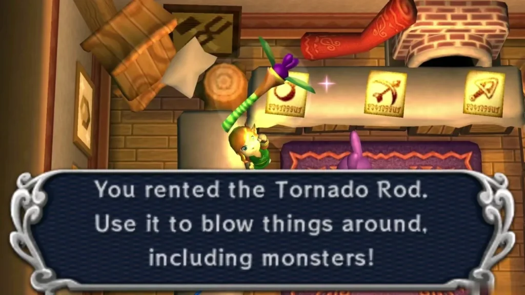 Link holding up the Tornado Rod in Ravio's shop beneath the box saying it is rented