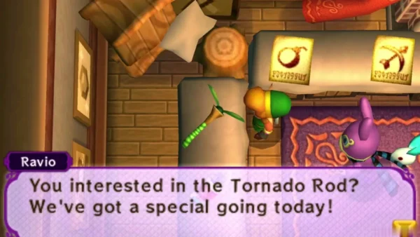 Ravio at the shop telling Link the Tornado Rod is on special today
