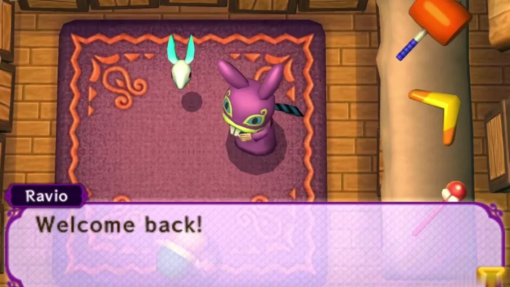 Ravio in his shop saying Welcome back to Link on the purple rug