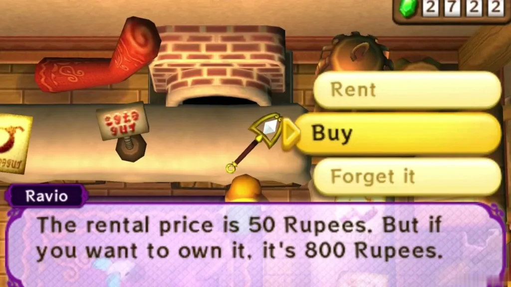 Ravio says the Sand Rod rents for 50 Rupees or costs 800 to own, with Rent, Buy and Forget it choices