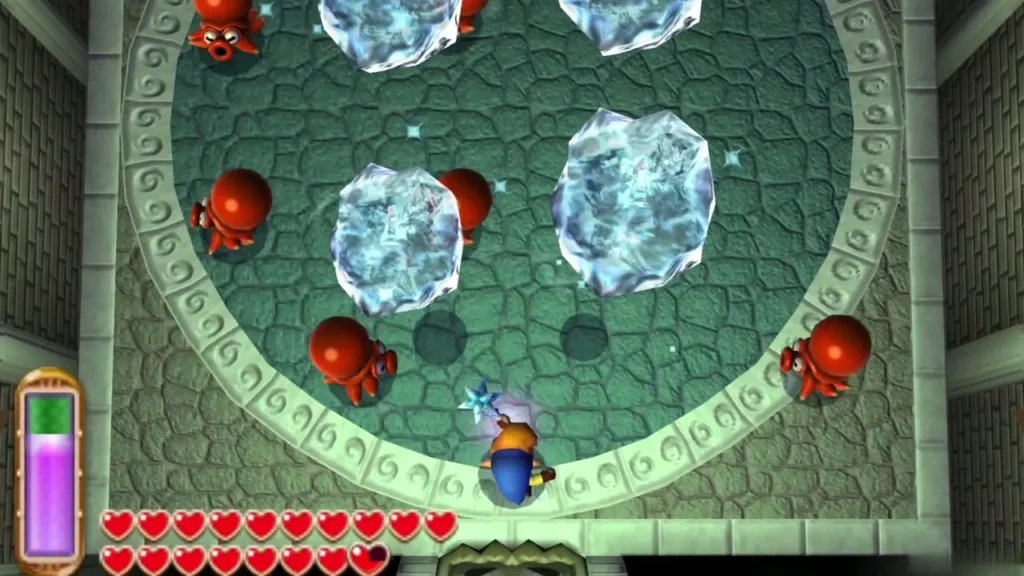 Link in a round Treacherous Tower arena ringed by a pit, with enemies around him
