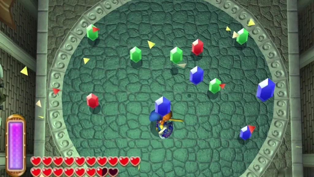 Rupees bursting across the arena floor after Link clears the Beginner course