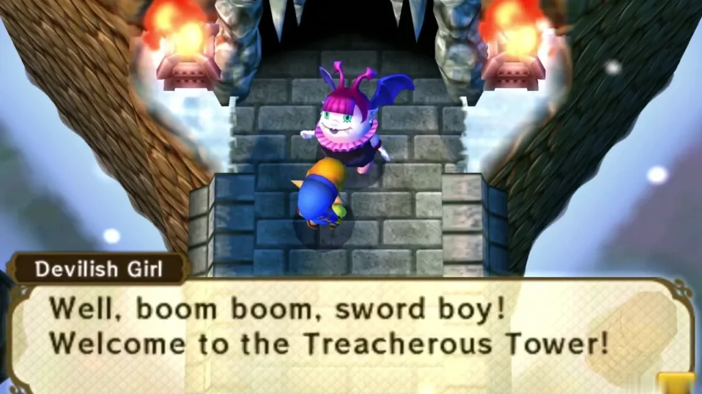 Devilish Girl at the tower entrance welcoming Link with a text box