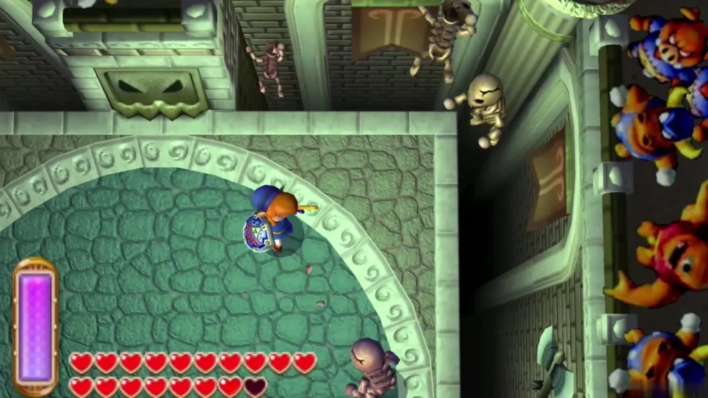 Link on an arena floor with a crowd of monsters gathered in the stands beside it