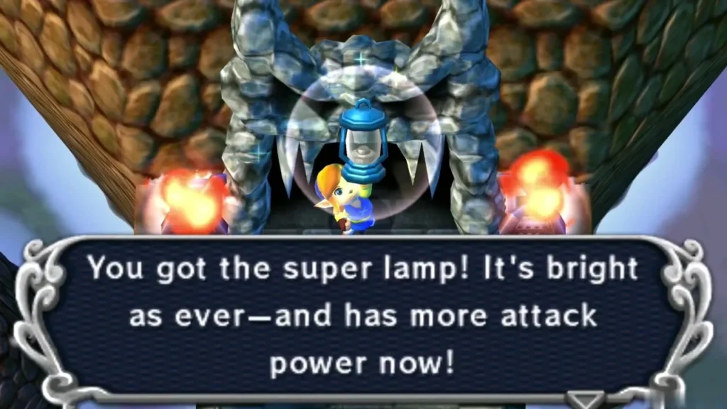 Link holding the Super Lamp up at the tower, with the item received message