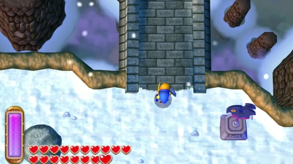 Link walking across the snow toward the Treacherous Tower on Death Mountain