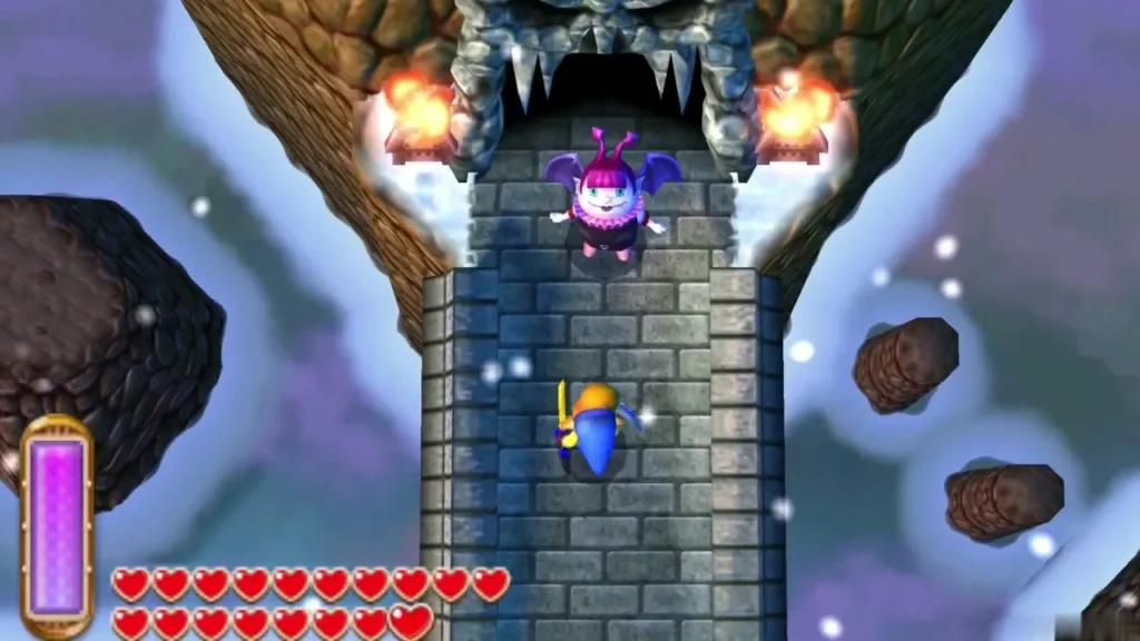 Treacherous Tower rising from the snow with Link at its base