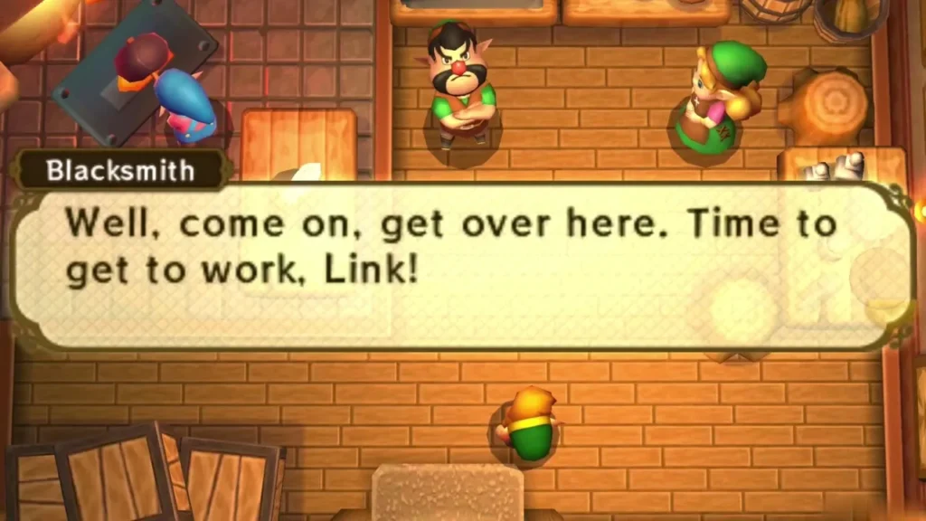 The Blacksmith calling Link over to the forge to get to work The Blacksmith calling Link over to the forge to get to work