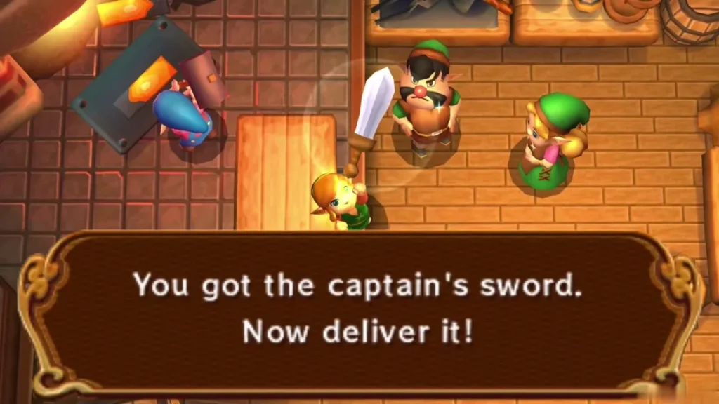 Blacksmith handing the captain's sword to Link, with the item message box Blacksmith handing the captain's sword to Link, with the item message box