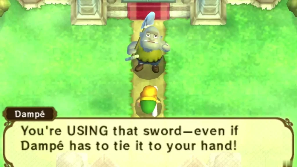 Dampe tells Link he is using the captain sword, even if he has to tie it to his hand Dampe tells Link he is using the captain sword, even if he has to tie it to his hand