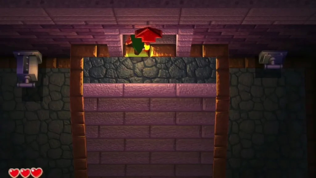 Link at the top of a dark stairway under a red-lit ceiling in the last room Link at the top of a dark stairway under a red-lit ceiling in the last room