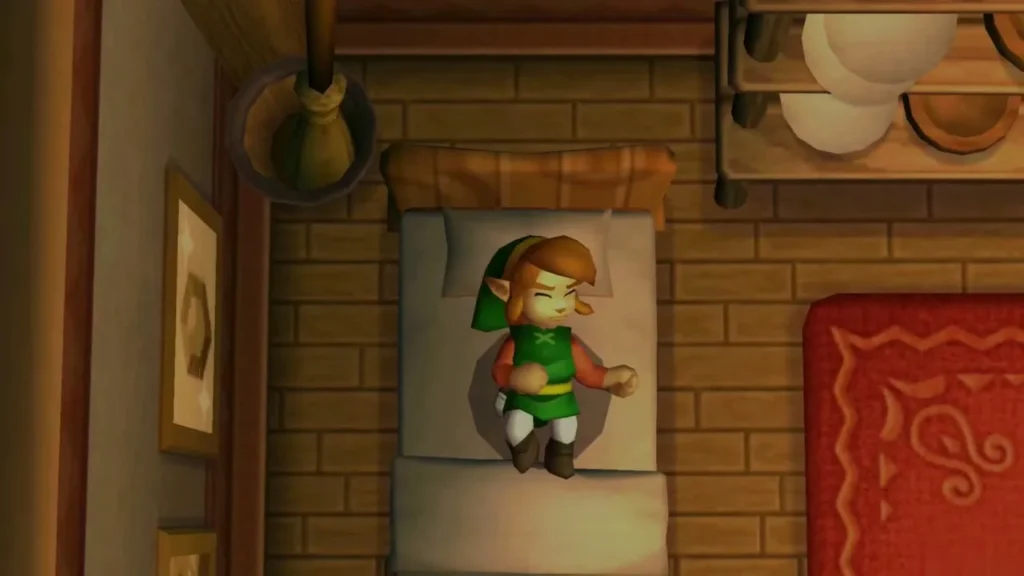 Link asleep in his bed at home, the red rug beside him Link asleep in his bed at home, the red rug beside him