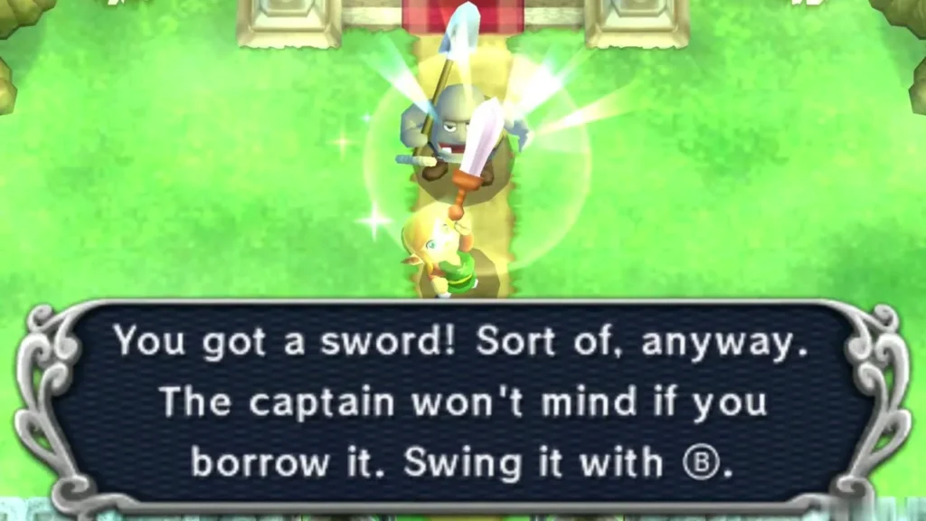 Link receives the captain sword, with a message to swing it with the B Button Link receives the captain sword, with a message to swing it with the B Button