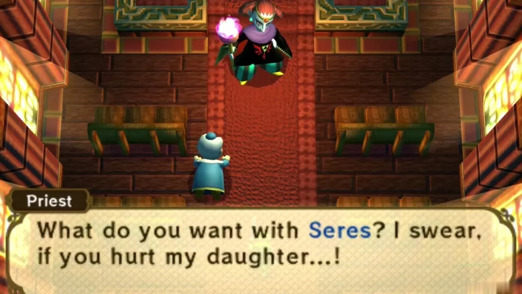 Priest in the Sanctuary demanding to know what Link wants with Seres, Yuga above Priest in the Sanctuary demanding to know what Link wants with Seres, Yuga above
