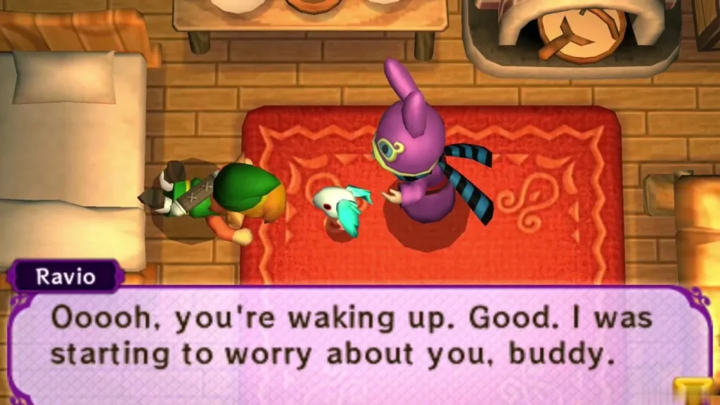 Ravio on the red rug in Link's house, telling him he is waking up Ravio on the red rug in Link's house, telling him he is waking up