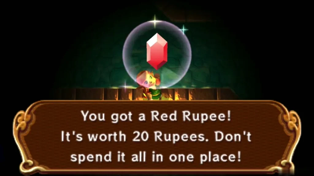 Link holding up a Red Rupee in the 'You got a Red Rupee' message box Link holding up a Red Rupee in the 'You got a Red Rupee' message box