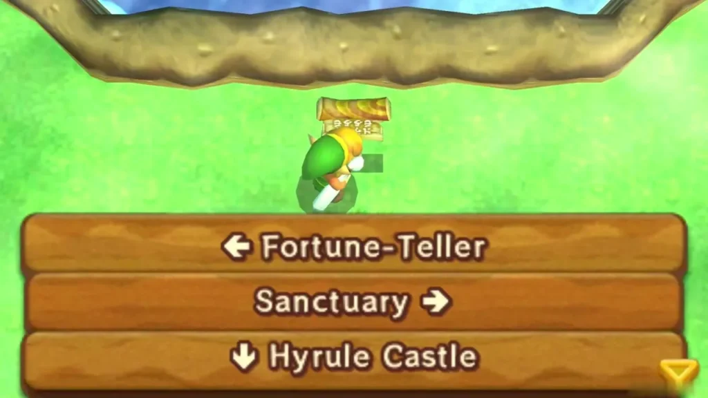 Wooden signpost in the field pointing to the Fortune-Teller, Sanctuary and Hyrule Castle Wooden signpost in the field pointing to the Fortune-Teller, Sanctuary and Hyrule Castle