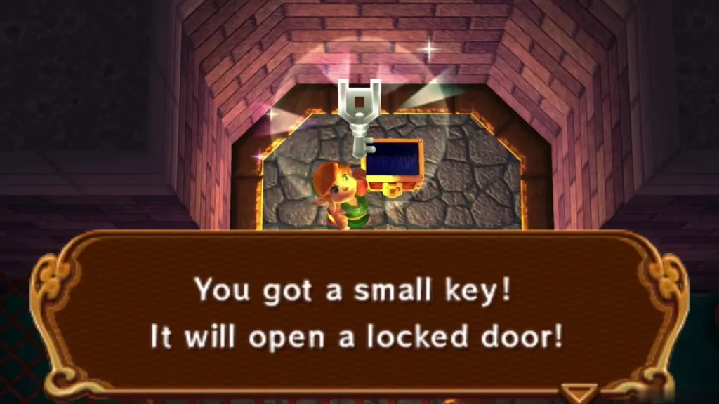 Link in a dark stone room holding up a small key under the 'You got a small key!' message box Link in a dark stone room holding up a small key under the 'You got a small key!' message box