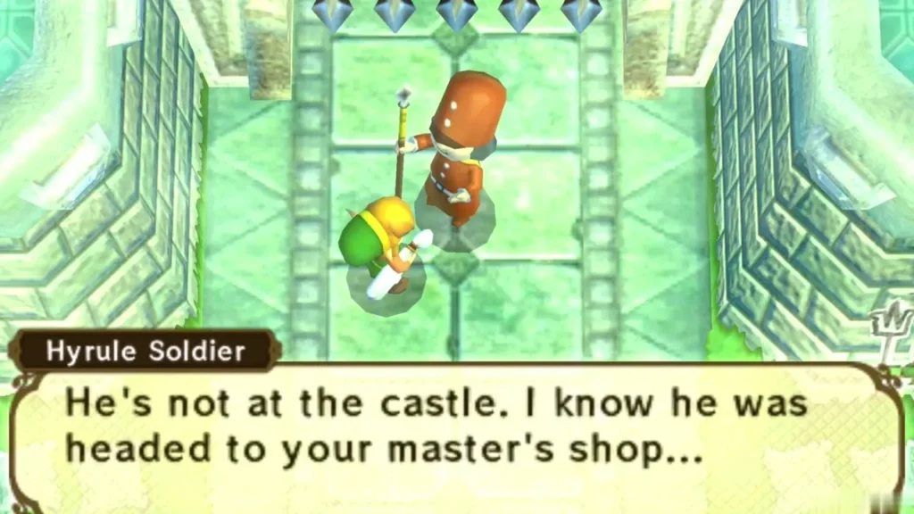 Hyrule Castle soldier says the Captain is not at the castle and was headed to the master's shop Hyrule Castle soldier says the Captain is not at the castle and was headed to the master's shop
