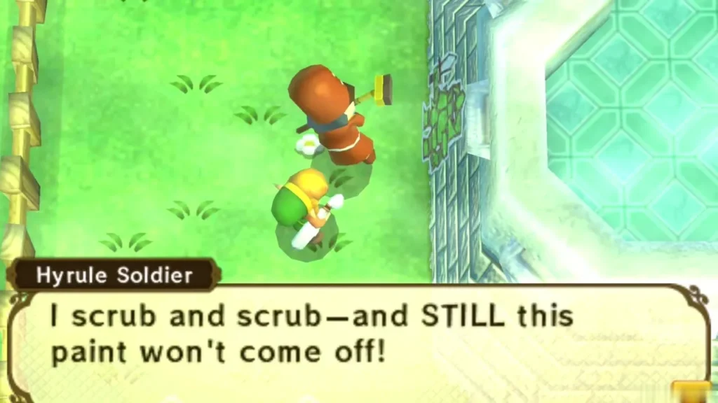 Hyrule Soldier scrubbing vandal paint off a castle wall while Link watches Hyrule Soldier scrubbing vandal paint off a castle wall while Link watches