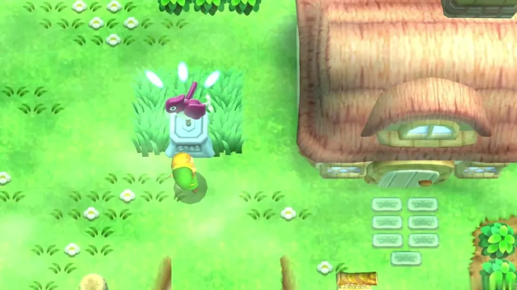Link beside the pink bird Weather Vane while its wings spin Link beside the pink bird Weather Vane while its wings spin