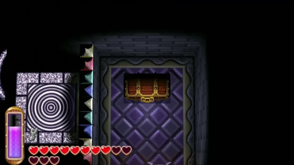 The Big Key chest appears in the purple-tiled room after the crystal switches are struck The Big Key chest appears in the purple-tiled room after the crystal switches are struck