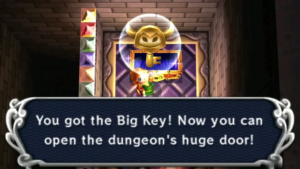 Link holds up the Big Key beneath the 'You got the Big Key!' message Link holds up the Big Key beneath the 'You got the Big Key!' message