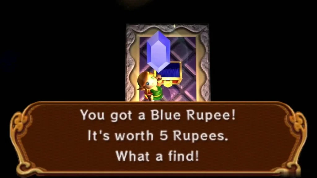 Link holds up the Blue Rupee from the chest in the small side room Link holds up the Blue Rupee from the chest in the small side room
