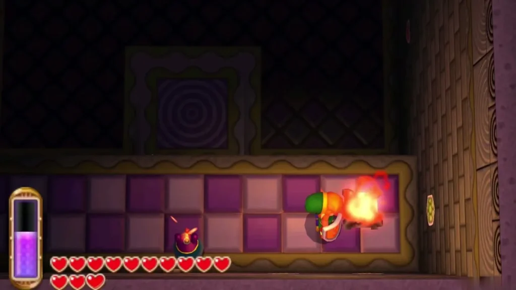 Link beside a bomb blast on the purple-tiled floor, with a wooden wall to his right Link beside a bomb blast on the purple-tiled floor, with a wooden wall to his right