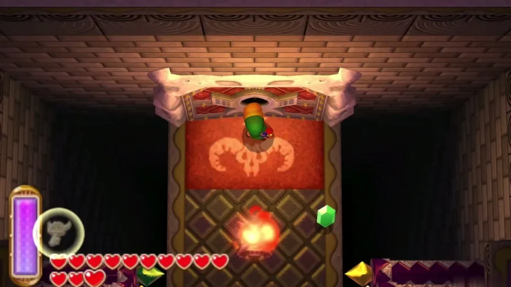 Link stands in the open boss gate, a red door with a skull emblem Link stands in the open boss gate, a red door with a skull emblem