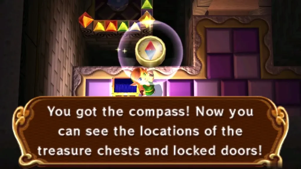 Link holding up the Compass beside the 'You got the compass!' message box Link holding up the Compass beside the 'You got the compass!' message box