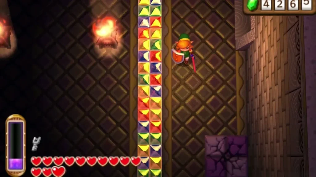 Link in a Dark Palace corridor beside a cracked floor tile and a rotating wall column Link in a Dark Palace corridor beside a cracked floor tile and a rotating wall column