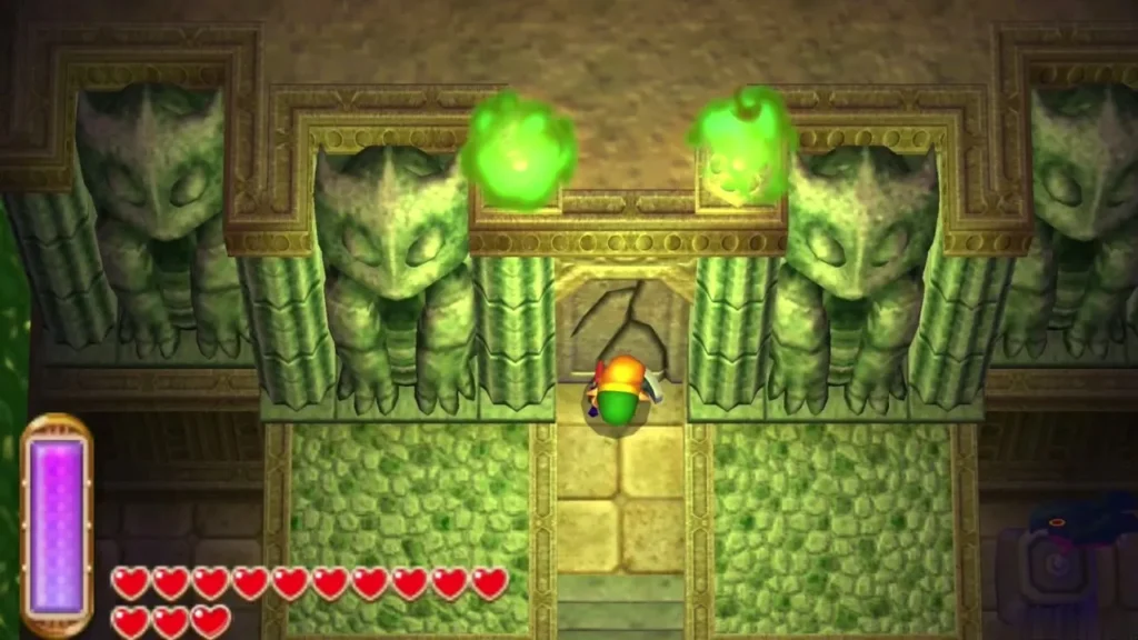Link standing before the cracked, sealed door at the top of the Dark Palace stairs Link standing before the cracked, sealed door at the top of the Dark Palace stairs