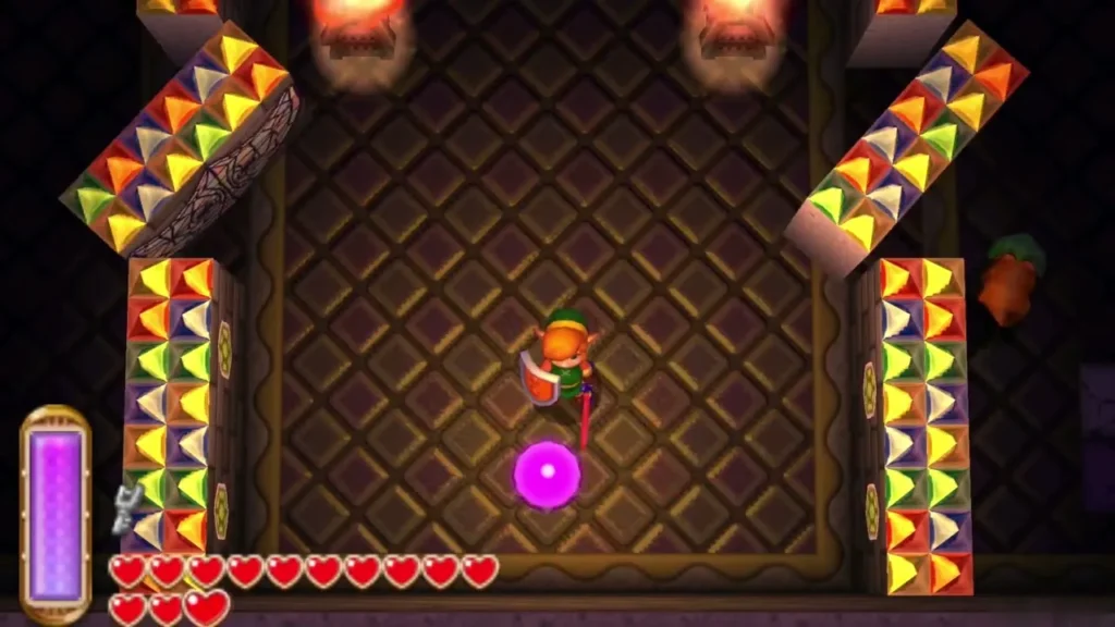 Link beside a glowing crystal switch in a room with rotating wall sections Link beside a glowing crystal switch in a room with rotating wall sections
