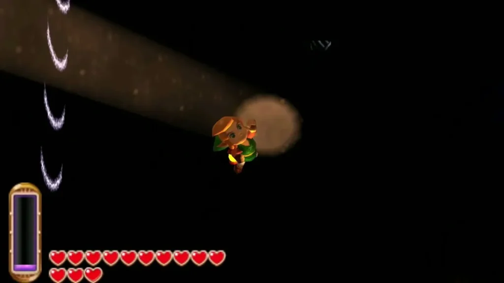 Link moving through the dark room toward the Small Key, lit only by a faint glow Link moving through the dark room toward the Small Key, lit only by a faint glow
