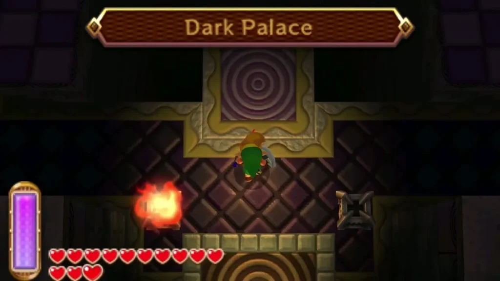 The Dark Palace name banner above the palace entrance, with Link at the bottom edge The Dark Palace name banner above the palace entrance, with Link at the bottom edge