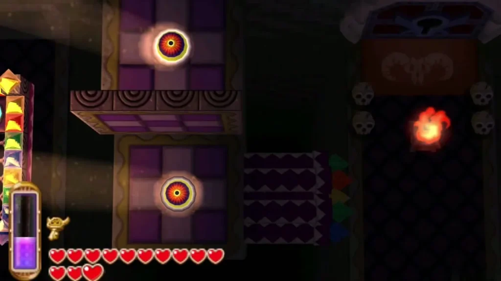 Two eye switches glow in the walls beside the boss gate on the upper floor Two eye switches glow in the walls beside the boss gate on the upper floor