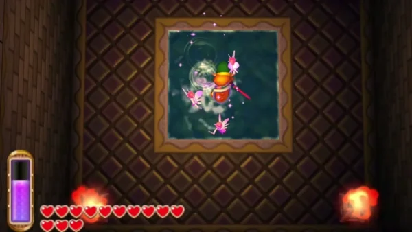 Link in the hidden chamber's small pool, with pink fairies drifting around him Link in the hidden chamber's small pool, with pink fairies drifting around him