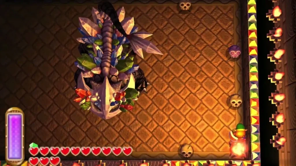 The Gemesaur King crystal boss fills the Dark Palace arena, with Link at the bottom edge The Gemesaur King crystal boss fills the Dark Palace arena, with Link at the bottom edge