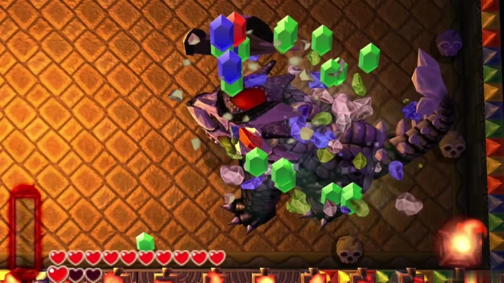 Gems and crystals flying off the Gemesaur King as Rupees scatter across the floor Gems and crystals flying off the Gemesaur King as Rupees scatter across the floor