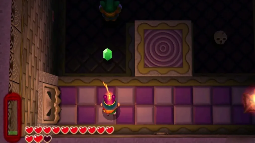 Link holds a lit bomb over his head in the purple-tiled Goriya room, a green rupee nearby Link holds a lit bomb over his head in the purple-tiled Goriya room, a green rupee nearby