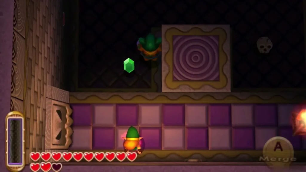 A green Goriya across the purple-tiled floor from Link, with a green rupee between them A green Goriya across the purple-tiled floor from Link, with a green rupee between them