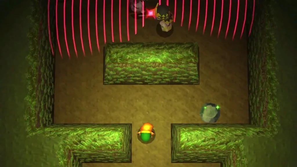 A red sight cone sweeps over a Lorule Soldier in a hedge-walled room of the Dark Ruins A red sight cone sweeps over a Lorule Soldier in a hedge-walled room of the Dark Ruins