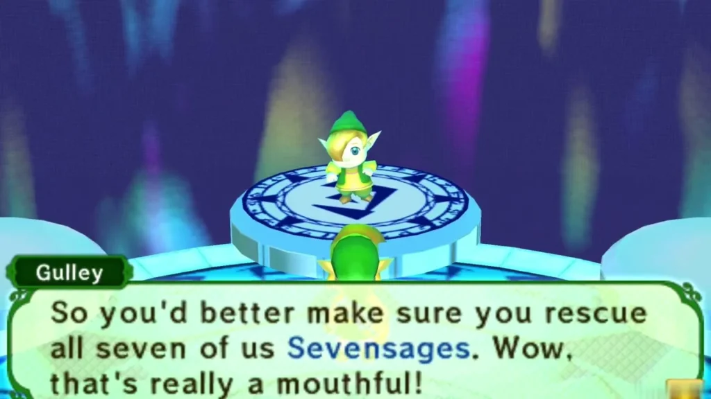 Gulley telling Link to rescue all seven Sages in a text box Gulley telling Link to rescue all seven Sages in a text box
